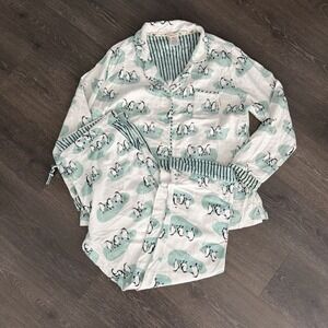 Munki Munki Women 2XL Flannel Pajama White Blue Penguin Button Up Long Sleeve